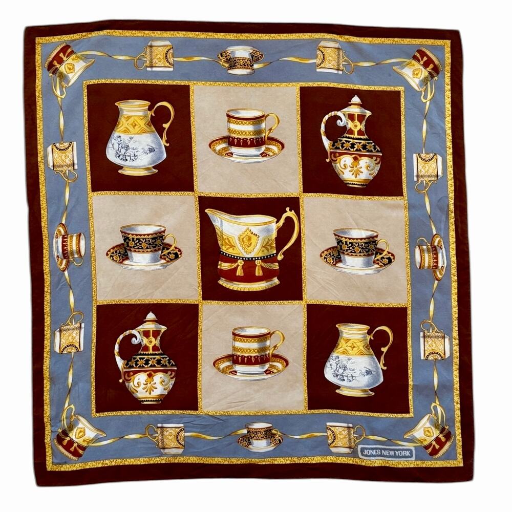 Jones New York Silk Scarf 20” Square Tea Set Print Burgundy Gold Vintage